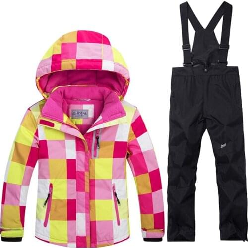 -30 Childrens outdoor Ski suit Gilr / Boy snowboard Suit warm and windproof waterproof winter jacket + bib black pants