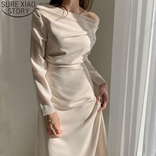 Elegant All-match Dress Women Irregular White Black Long Sleeve Spring Dress Slash Neck Sexy Mature Long Dresses Vestido 13067