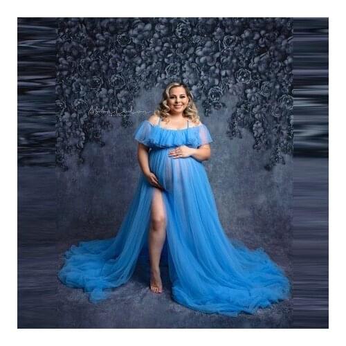 ELegant Blue Tulle Maternity Dresses For Photo Shoot Short Sleeves Size Slit Sheer See Through Long Pregnancy Gowns 2021