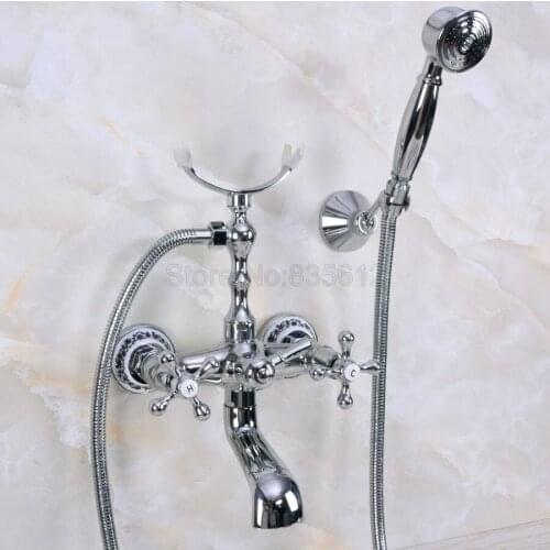 Chrome Polished Wall Mounted Clawfoot Bathtub Faucet With Hand Shower Bathroom Bath Shower Faucets tna225