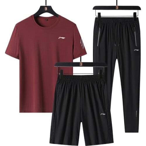 Lining Men Summer Ice Silk Sports Three Piece Suit Quick Drying Lightweight Breathable Running Leisure Sportswear