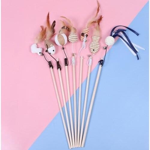 Creative Wood Pet Cat Teaser Rod Stick Toys Interactive Funny Cat Wand Linen Knitted Replacement Head Cat Accessories Supplies