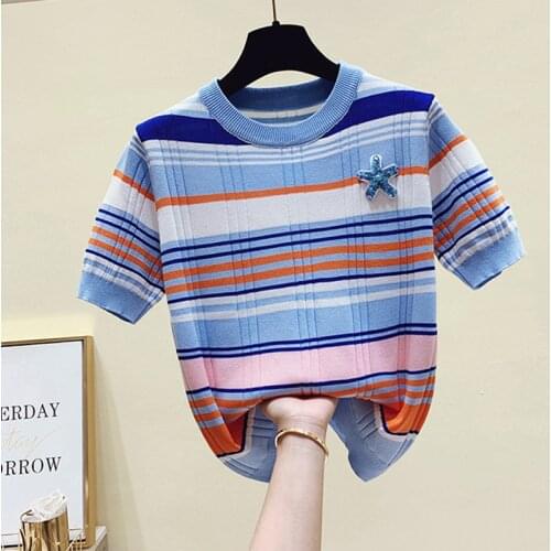 LJSXLS Summer O-Neck Striped Knitted Sweater Women 2021 Short Sleeve Beading Sweaters Pullovers Korean Jumper Tops Pull Femme