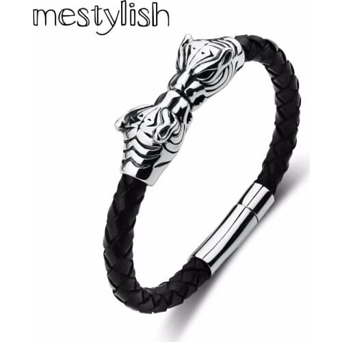 Mestylish Stainless Steel Double Leopard Head Stainless Steel Buckle Magnetic Knit Leather Bracelet for mens&women Best Present