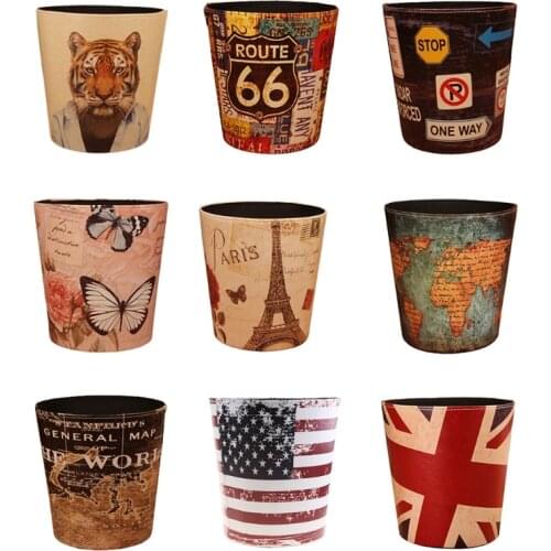 Trash can bin Rubbish Vintage World Map Tower Flag Pattern PU Leather Paper Basket Dustbin Garbage ashbin ashcan waste tube