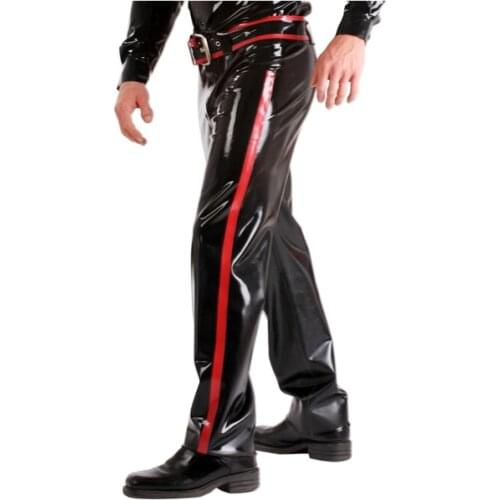 100% handmade mens black loose latex long pants(including belt) with red side stripes decorations