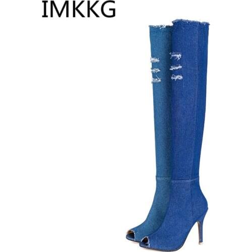 New Fashion Women Peep Toe Denim High Heels Over The Knee Boots Spring Summer Sexy Peep Toe Thigh High Boots Q012