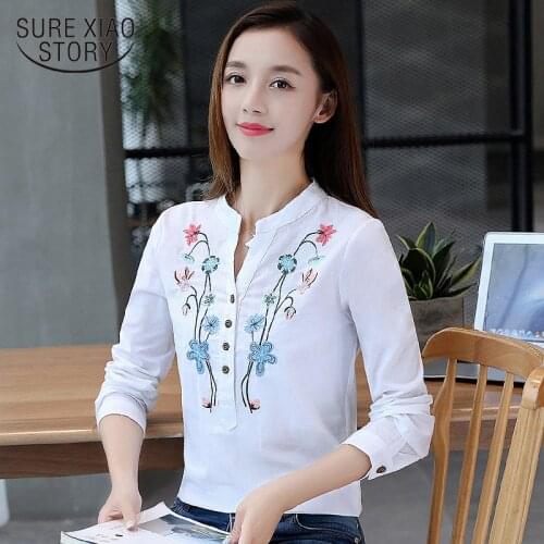 New Arrived 2021 Spring Blouse Women Cotton Tops Female Long Sleeved Shirt Fashion Printing Embroidered Bottoming D391