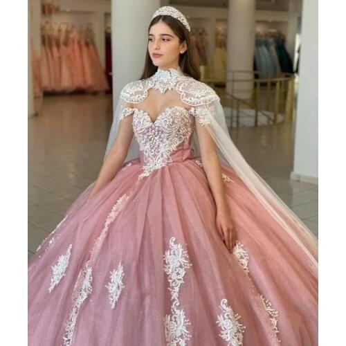 2022 Pink Quinceanera Dresses With Cape Ball Gown Sweetheart Lace Beading Party Princess Sweet 16 Dress Tulle Lace-Up Backless