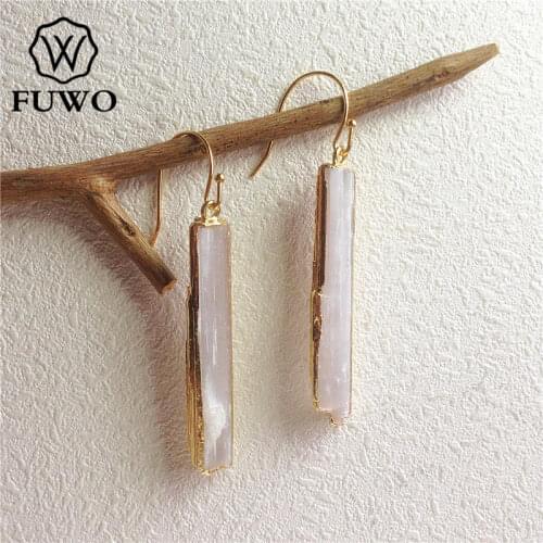 FUWO Natural Selenite Earrings 24K Gold Electroplate Raw Selenite Stone Crystal Blade Dangle Earrings Elegant Jewelry ER004