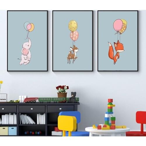 Nordic Art Cartoon Flying Baby Animals Canvas Paintings Nursery Rabbit Poster Pink Elephant Print Wall Pictures Kids Room Decor