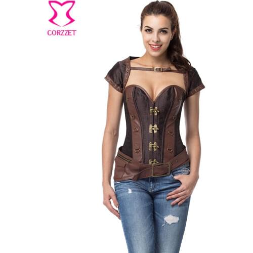 Steampunk Gothic Brown Corset Bustire Sexy Faux Leather Back Lace Up Steel Bones Novel Design Plus Size 6XL Burlesque Costume