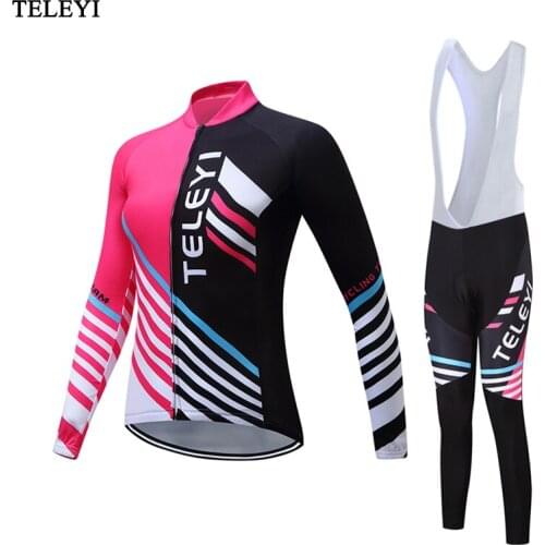 TELEYI Team Bike mtb 2018 Women Cycling jersey bib pants /Long sleeve bike clothing padded Spring Autumn style/Bicycle Clothes
