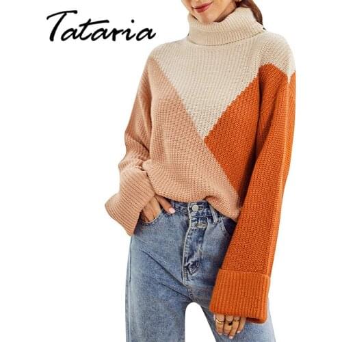Vintage Turtleneck Sweaters for Women Fashion Pullovers Autumn Winter Spliced Colour Jumpers Female Blue White Knitted Tops 2021