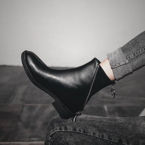 Women Mid-calf Boots Zipper Leather Fashion Autumn Winter Spring Korean Single Boot Mart Boots Size34~43 Combat Boots for Women