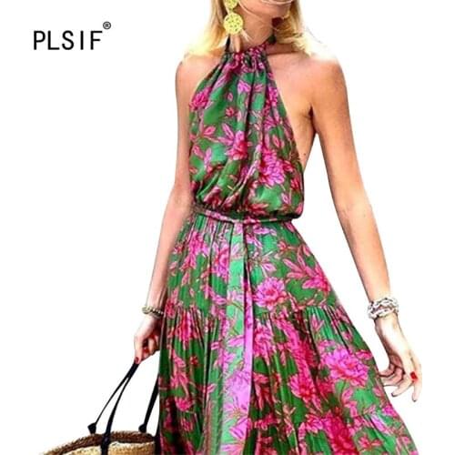 Women fashion Hanging neck printing fit and flare dress beach style lady fashion long dress sexy night club party dress