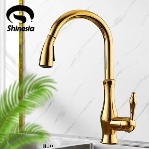 Shinesia Golden Kitchen Faucet Pull Out Sprayer Swivel Spout Sink 360 Degree Rotation Hot and Cold Water Mixer Tap Crane