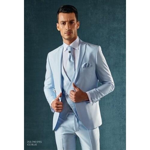 2017 Latest Coat Pant Designs Light Blue Satin Men Suit Double Breasted Slim Fit 3 Piece Tuxedo Custom Groom Prom Suits Vestidos