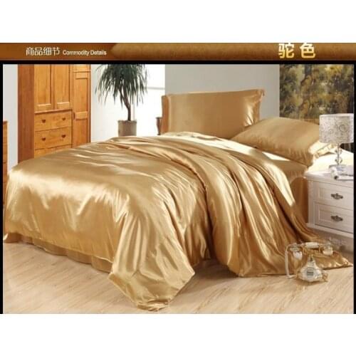 Camel Tan Silk Satin Bedding set Super King Queen full size sheets linen bed in a bag sheet duvet cover bedspread Luxury 4PCS