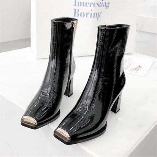 New arrivals boots women genuine leather Square heels square toe high heels ankle boots zipper ladies sexy short boots