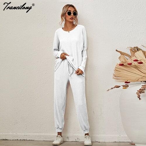 Home Lounge Wear Sweatshirt Sets Women White Loose Two Piece Pants Suit Soild Pullover Conjunto Chandal Mujer 2021 Plus Size