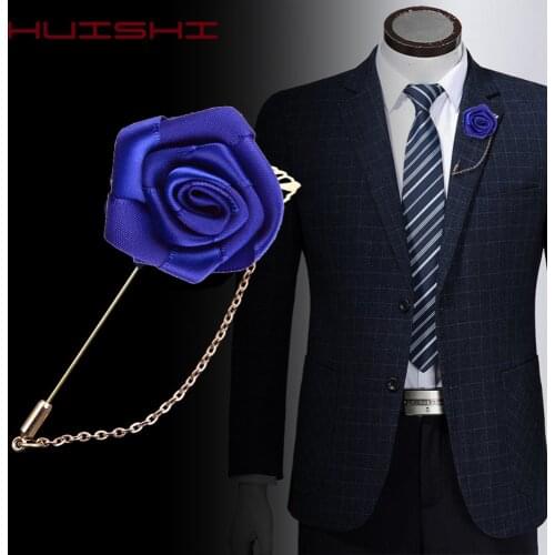HUISHI Brooch For Men Korean Handmade Fashion New Ribbon Flower Lapel Pin Fabric Rose Flowers Brooch Mens Gold Chain Leaf Suit