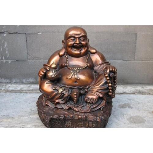 China Buddhism Hall Red Bronze Lucky Wealth Laughing Maitreya Buddha Statue a 0518