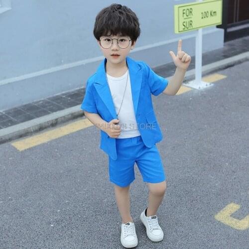Boys Summer Clothing Set Kids Formal Blazer +Shorts Girls Wedding Birthday Dress Children Piano Prom Dance Performance Costume