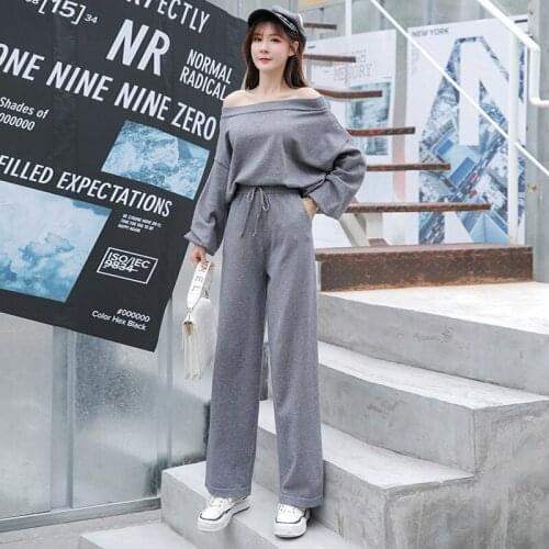 Womens suit temperament commute word collar short paragraph loose hooded knit high waist drape wide leg pants casual two-piece