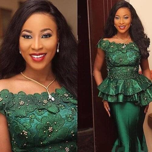 2021 Nigeria Style Lace Formal Evening Dresses Turkey 3D Flora Appliques Beaded Emerald Green Formal Occasion Dresses Prom Party