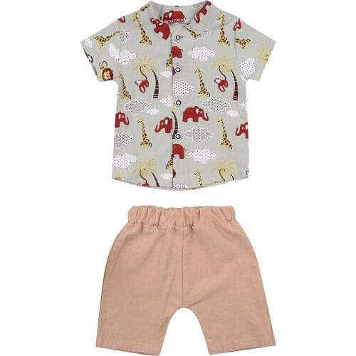 Summer Baby Boys Clothes Sets Cartoon Animal Printed Short Sleeve Single Breasted Shirts Shorts 2pcs