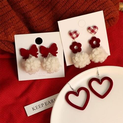Fashion Retro New Year Christmas Wine Red Velvet Bow Sweet Earrings Temperament Cute Girl Ear Clip Tide