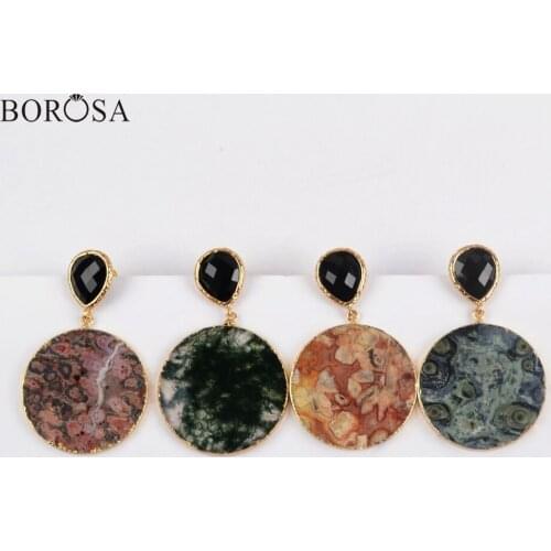 BOROSA 5Pairs Wholesale Gold Plating 30mm Round Natural Jaspers Earrings Rainbow Gems Stone Dangle Earring Women Jewelry WX1175