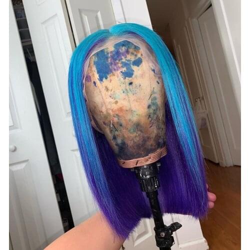 Lace Front Human Hair Blue Purple Color Bob Silky Straight Wig For Women Pre Plucked With Baby LINMAN