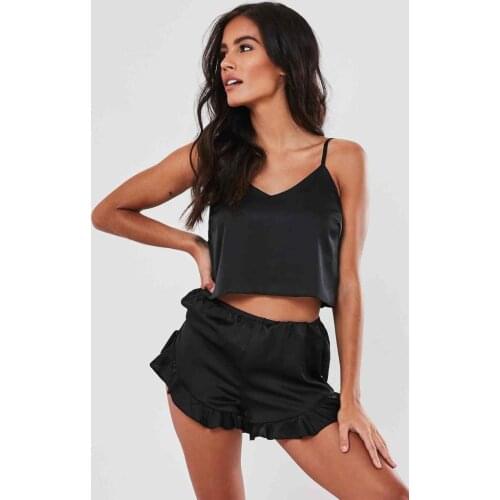 Merry See Satin Shorts Pajamas Suit Black