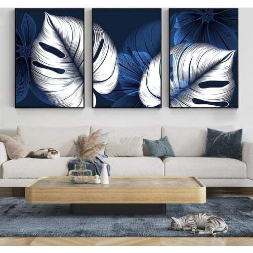 Luxurious White Leaves Monstera Poster Blue Floral Background Wall Art Print Canvas Painting Modern Picture Living Room Decor