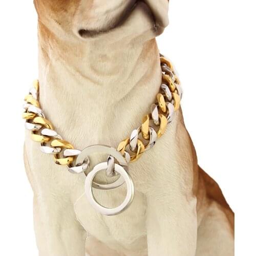 Tiasri Dog Collar Chain Dog Accessories Dog Gold Chain Pet Supplies Thick Stainless Steel Dog Choker Slide Adjustable Length15mm