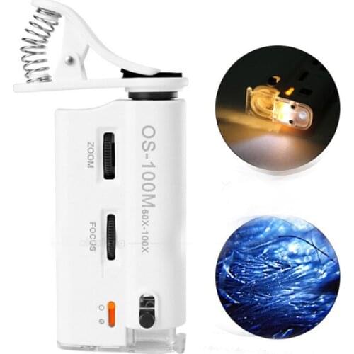 60X-100X Pocket Zoom Focus Adjustable Illuminated Universal mobile phone Clip Type Microscope LED Magnifying Glass Magnifier