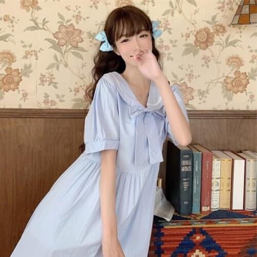 Japanese Soft Girl Sweet College Puff Sleeve Doll Collar Bow Student Short-Sleeved Dress Female Summer Solid Color Streetwear