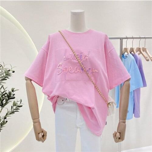 Short-sleeved Womens 2021 Korean Version Bronzing Letters Loose Fashion All-match Blouse Woman Tshirts Graphic Tee