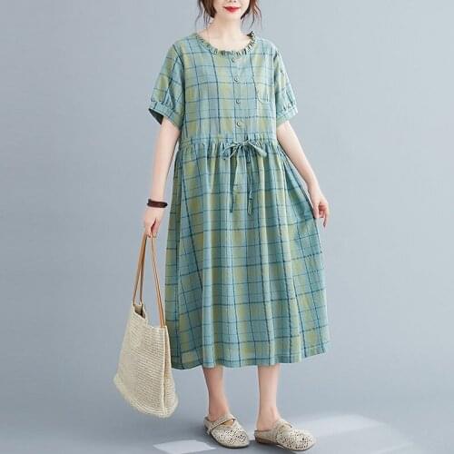 Women Cotton Linen Casual Dress New Arrival 2021 Summer Simple Style Vintage Plaid Loose Comfortable Female Long Dresses S2942