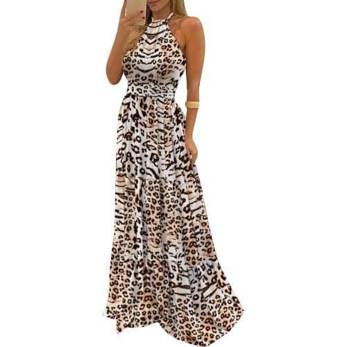 Women Summer Halter Maxi Dress Leopard Prin Polka Dot Halter Neck Backless Full-Length Dresses Sexy Party Elegant Vestidos