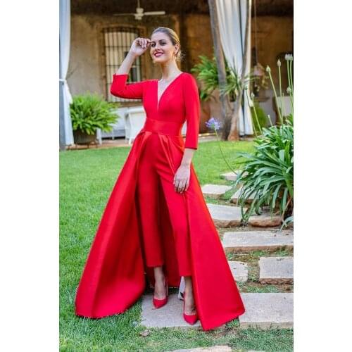 2020 Elegant Long Sleeve Formal Red Jumpsuit Evening Dresses With Detachable Train Sexy open Back V-neck Prom Dress Party Gowns