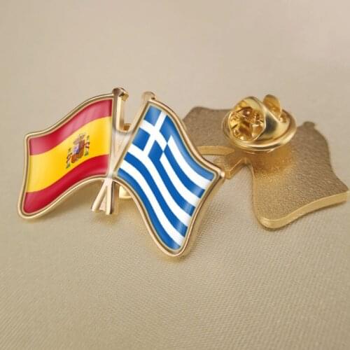 Spain and Greece Crossed Double Friendship Flags Lapel Pins Brooch Badges