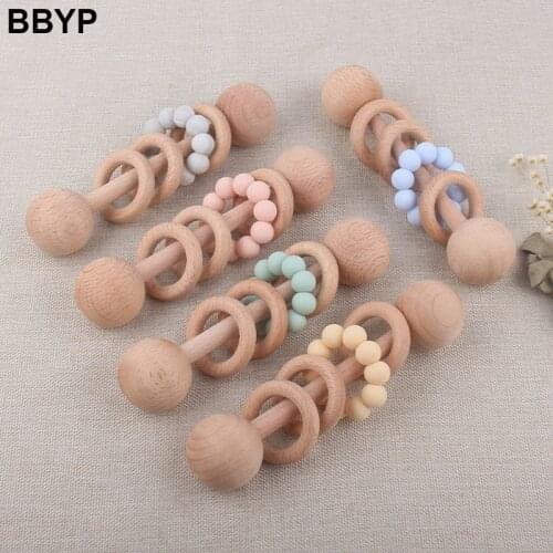 1pc Baby Rattles Beech Wooden Ring Teething Toys Food Grade Silicone Beads Baby Teethers Montessori Play Gym Rattles
