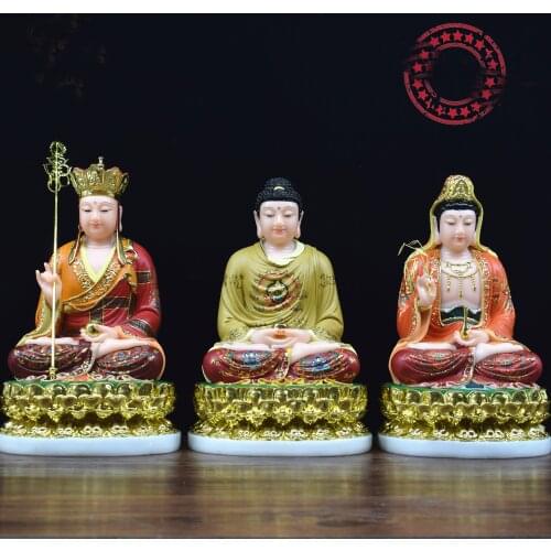 3PCS High-grade Buddha statue Home store company Shrine bless safe Painted Sakyamuni Guanyin DI ZANG ksitigarbha jade gilding