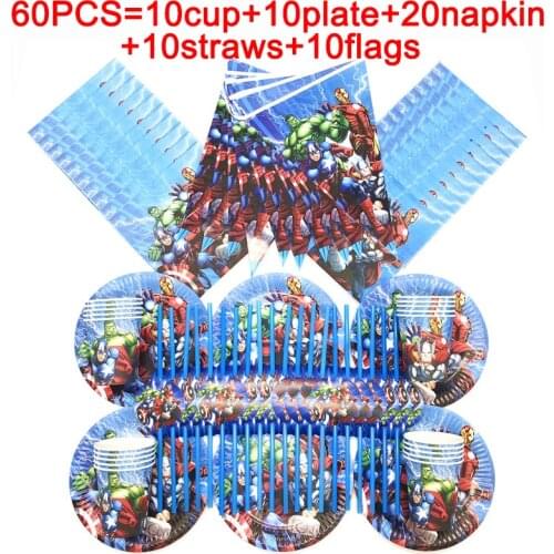 60pcs Superhero Avenger Birthday Party Decorations Disposable Tableware Paper Cup Plates Napkin Baby Shower Party Supplies Straw