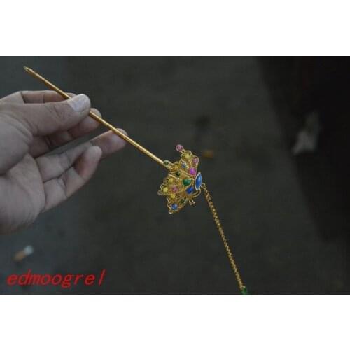 Antique Old QingDyanstygilt copper Gems Woman butterfly hairpin, bring good luck,Free shipping