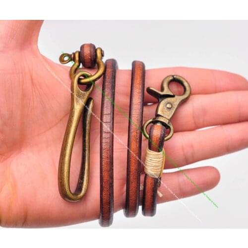 30" Retro Brown Handmade Long Punk Biker Motocycle Trucker 7*5mm Thick Plain Leather Keychain Jean Wallet Chain With Brass Hook