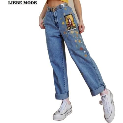 Boyfriend Mom Cartoon Pattern Jeans Woman Star Print Loose Fit Denim Trousers Womens Streetwear Straight Leg Jeans Teen Girls